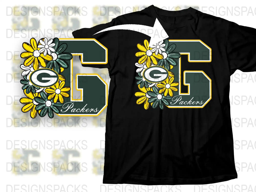 Green Bay Packers Inspired Floral T-Shirt, Daisy Flower Sports Fan Apparel, Unique Football Team Support Tee, Gift for Fans