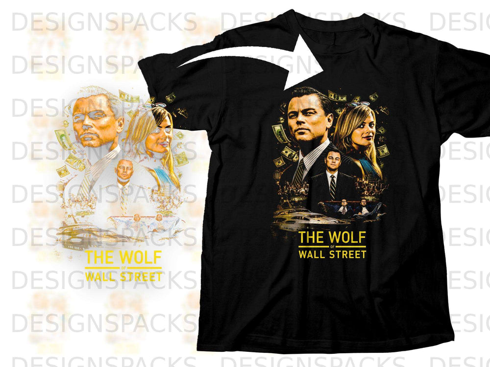 Black t-shirt with "The Wolf of Wall Street" movie poster graphic.