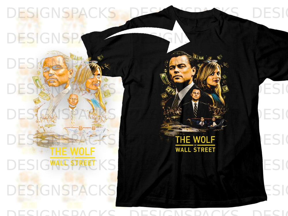 Black t-shirt with "The Wolf of Wall Street" movie poster graphic.