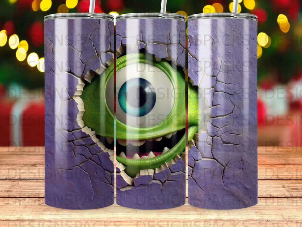 Mike Wazowski monster peeking through a cracked wall on a purple tumbler.