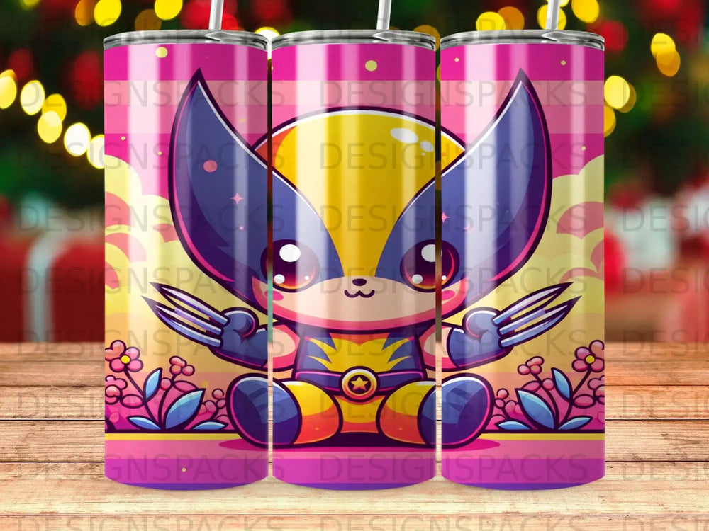 Wolverine cartoon character with claws, sitting, on a pink background.
