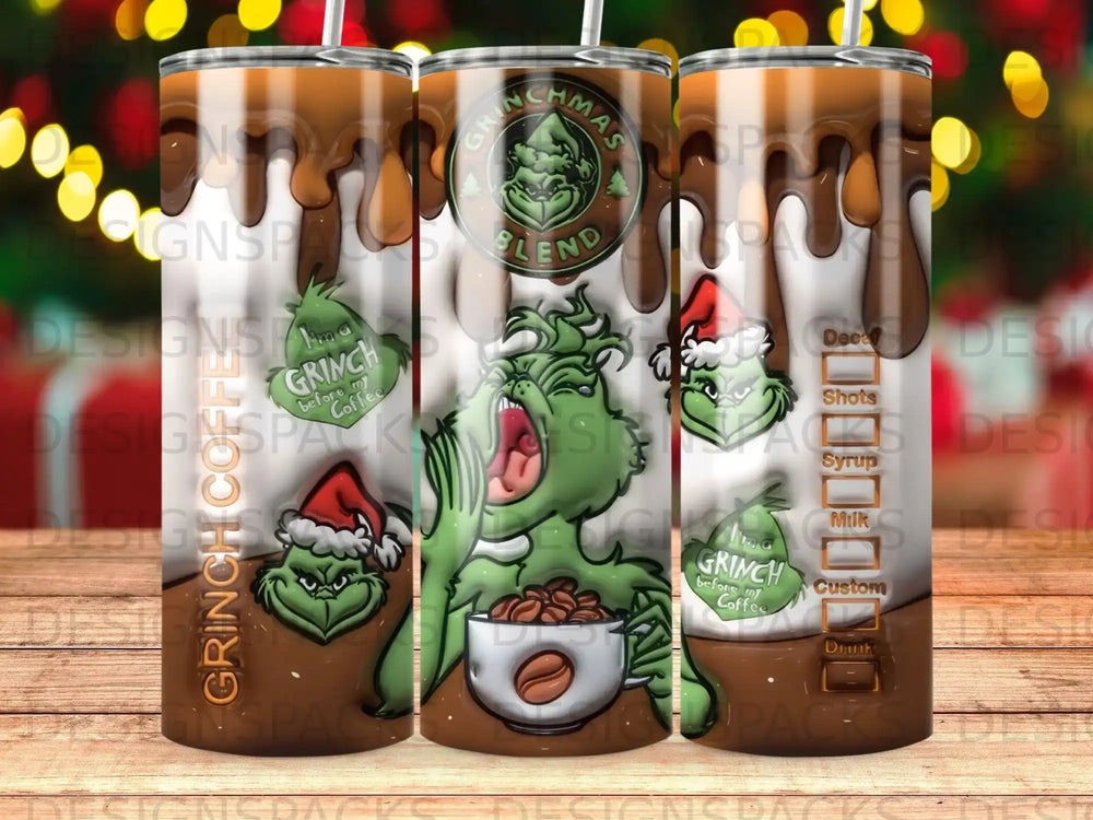 The Grinch on a tumbler with "Grinchmas Blend" and coffee ingredients list.