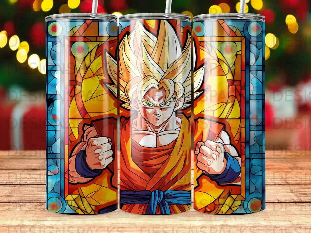 Goku from Dragon Ball Z in stained glass style on a tumbler.