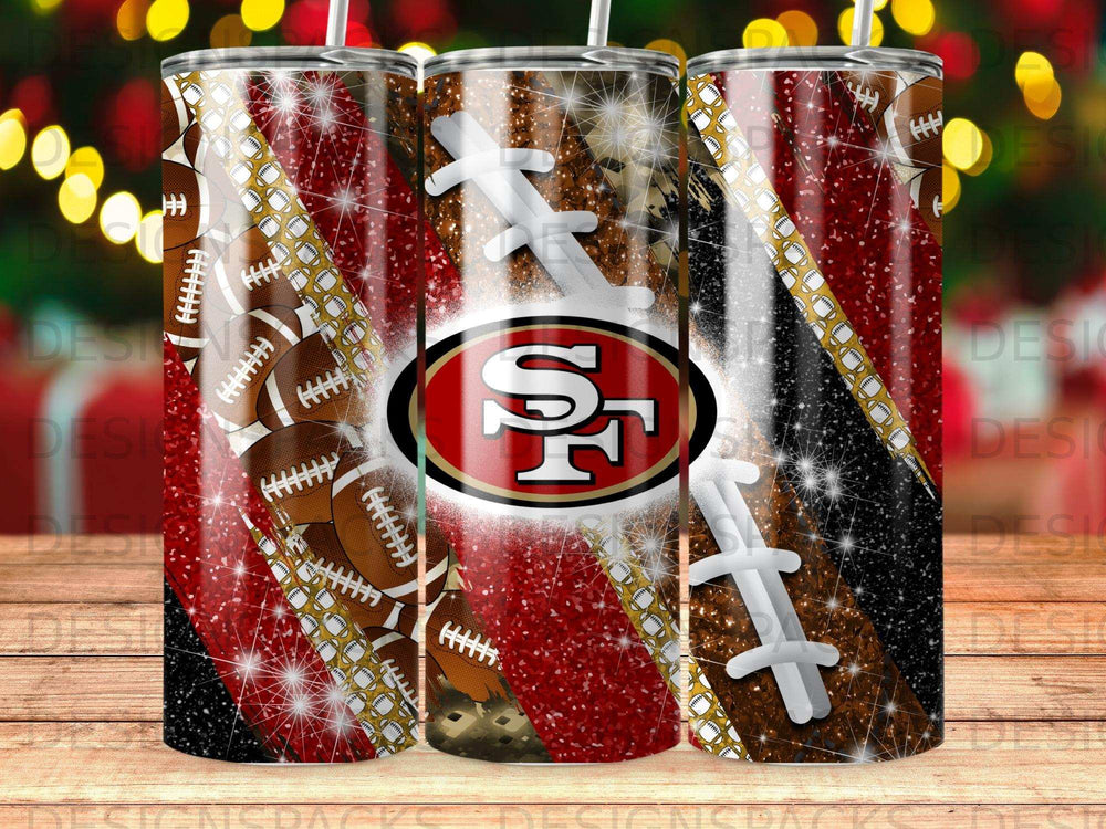San Francisco 49ers logo on a tumbler with football and glitter patterns.