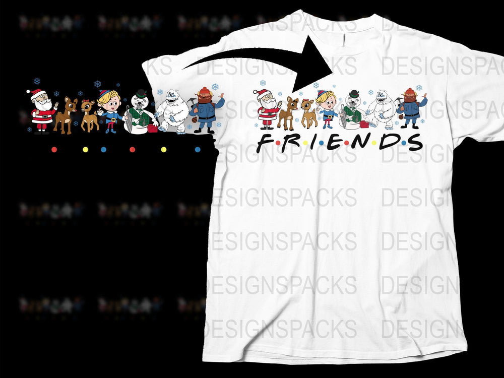Christmas Friends T-Shirt, Holiday Cartoon Characters Group, Festive Winter Apparel, Santa and Reindeer Design Tee