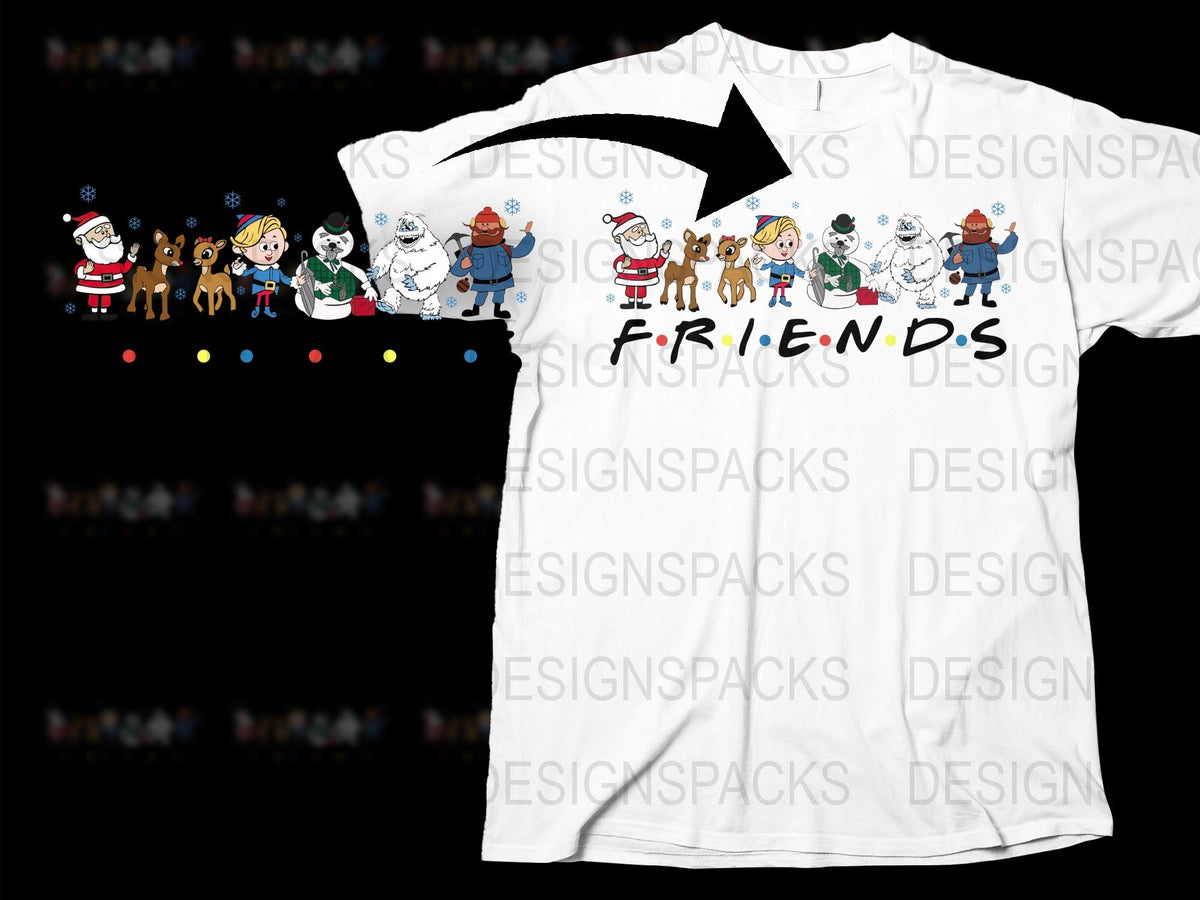 Christmas Friends T-Shirt, Holiday Cartoon Characters Group, Festive Winter Apparel, Santa and Reindeer Design Tee