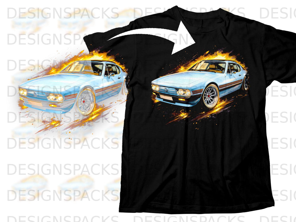 Black t-shirt with a blue car illustration on fire and motion effects.