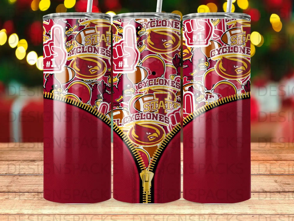 Iowa State Cyclones logo and football helmet pattern on a red zippered tumbler.
