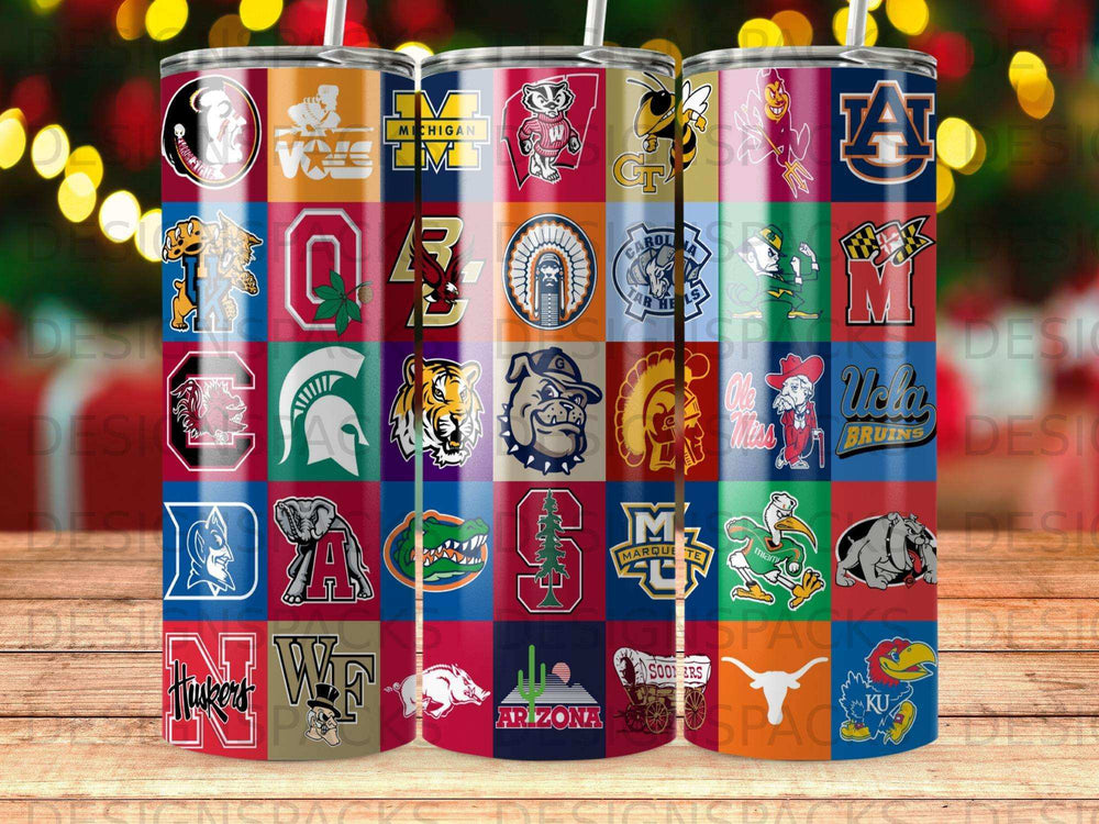 Tumbler featuring college logos including Michigan, UCLA, Arizona, and Oklahoma.