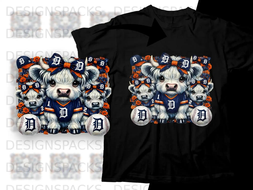 Cute cows wearing Detroit Tigers jerseys and bows with baseballs.