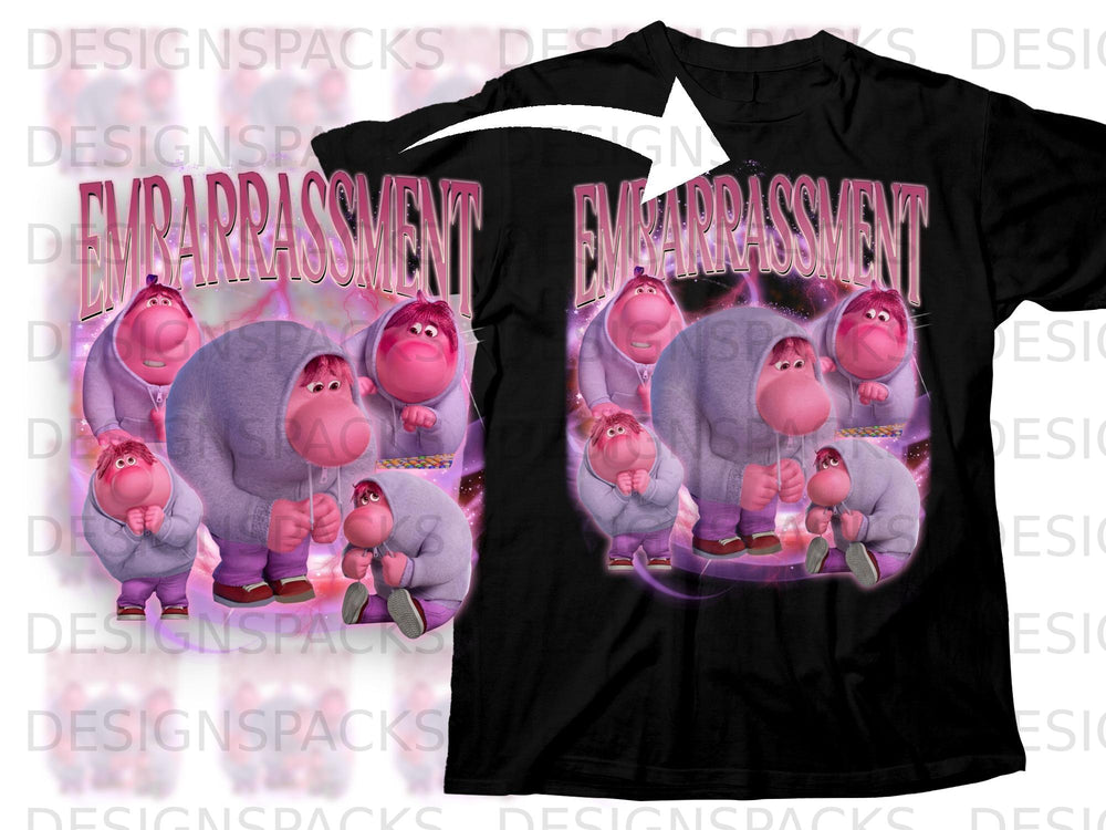Black t-shirt with "EMBARRASSMENT" text and pink cartoon characters in hoodies.
