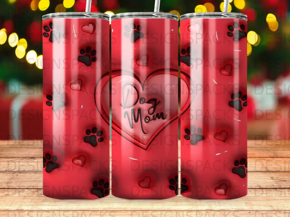 Red tumbler with paw print heart and "Dog Mom" text.