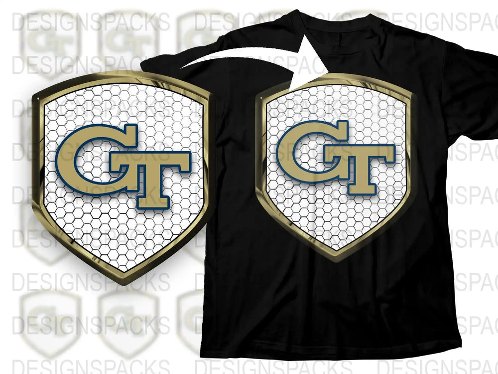Georgia Tech GT Logo Black T-Shirt, College Sports Fan Apparel, Honeycomb Design Graphic Tee