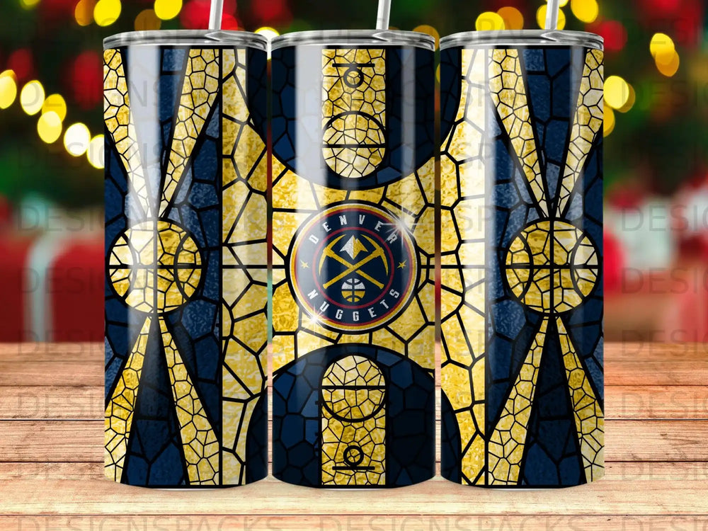 Denver Nuggets logo on a stained-glass pattern tumbler.