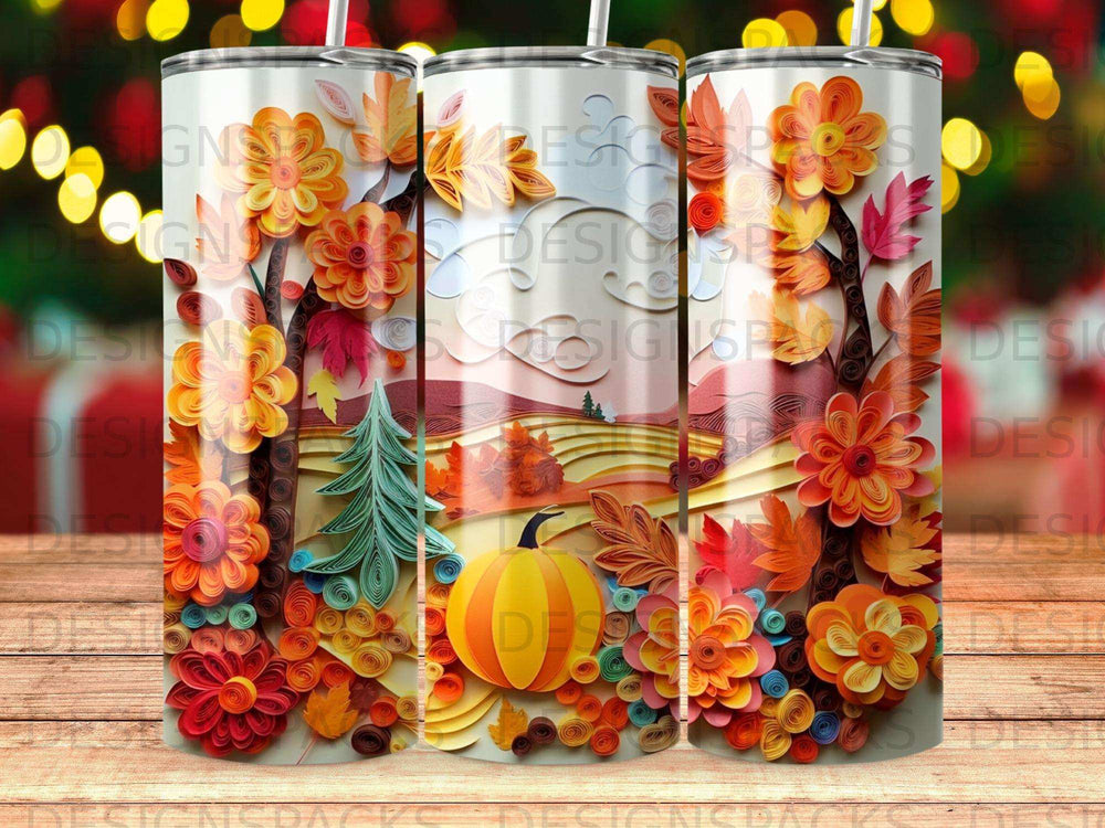 Floral autumn design on three tumblers, featuring pumpkins and trees.