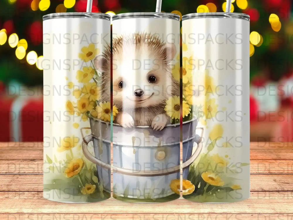 Hedgehog peeking out of bucket with yellow flowers.
