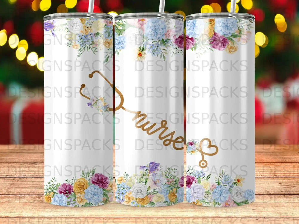 Floral stethoscope with "nurse" text on tumblers.
