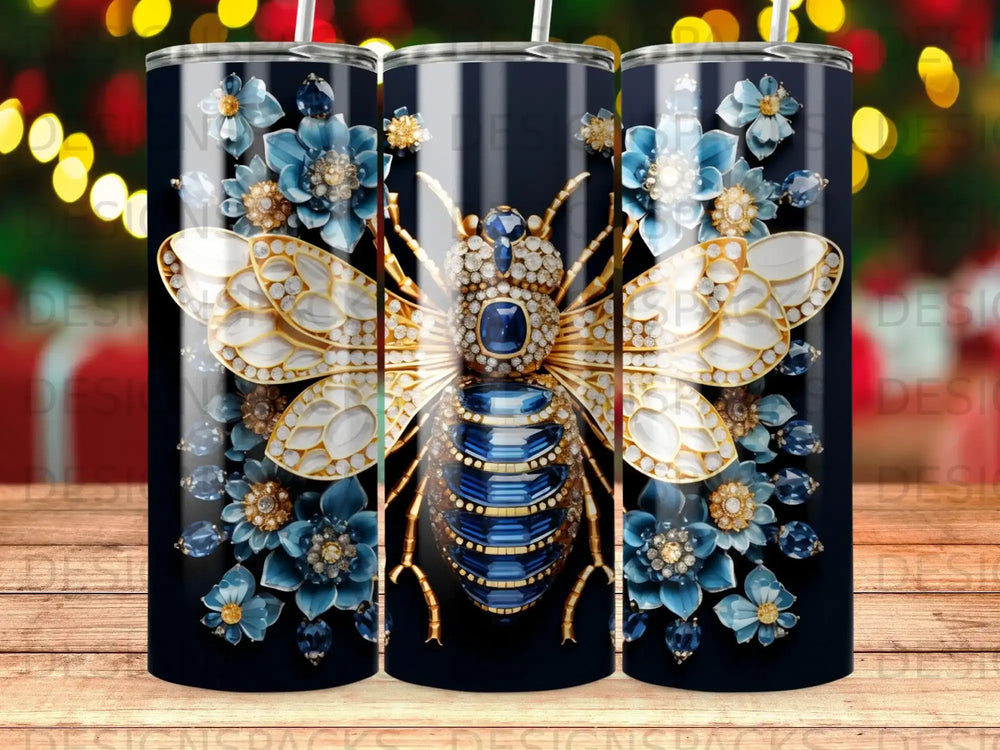 Embellished bee with blue floral accents on a striped background.