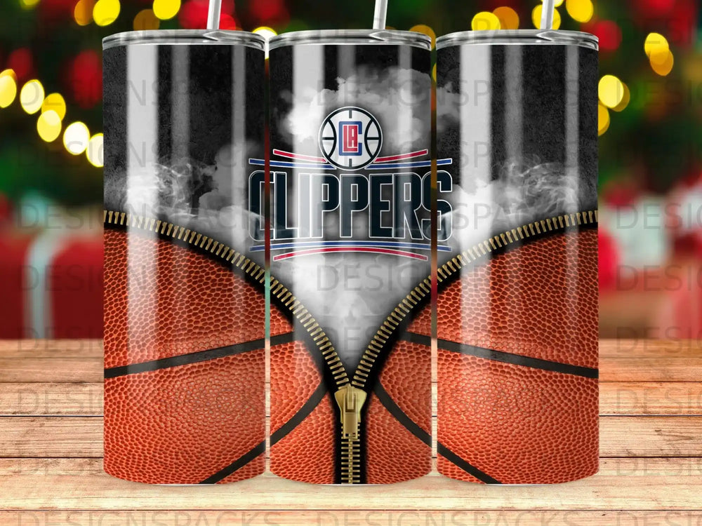 Los Angeles Clippers basketball tumbler with zipper detail and cloudy background.