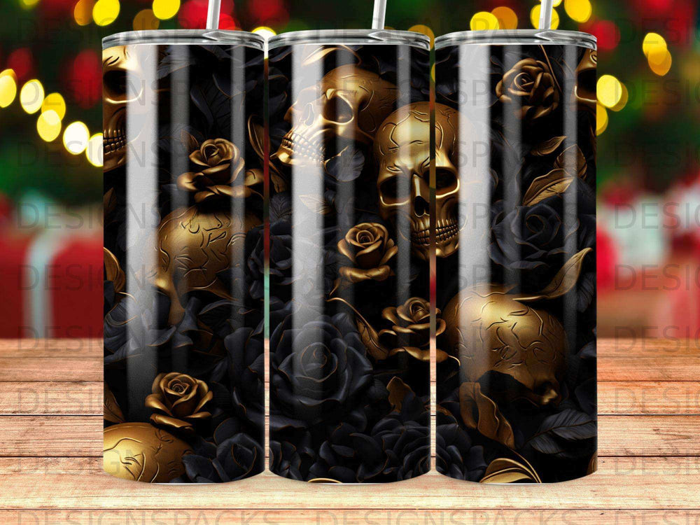 Gold skulls and black roses on a dark, glossy tumbler.
