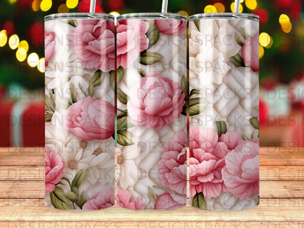 Pink and white floral pattern on a tumbler.