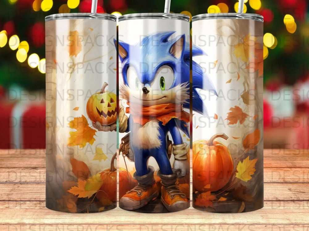 Sonic the Hedgehog holding a pumpkin, surrounded by autumn leaves.