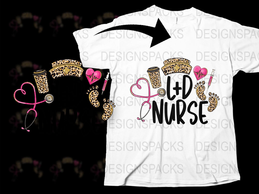 LandD Nurse T-Shirt with Leopard Print, Stethoscope, Heart Design, Stylish Medical Professional Apparel
