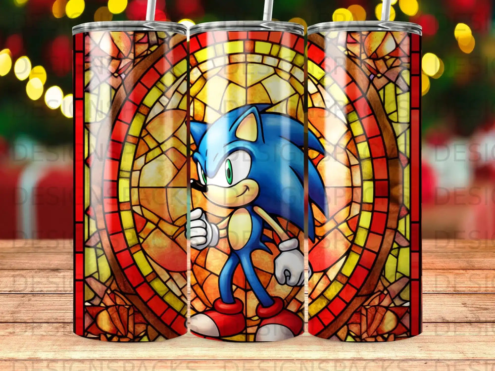 Sonic the Hedgehog with stained glass background, thumbs up.