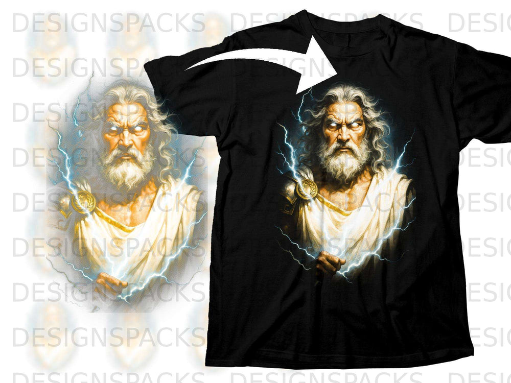 Black t-shirt with graphic of Zeus surrounded by lightning.