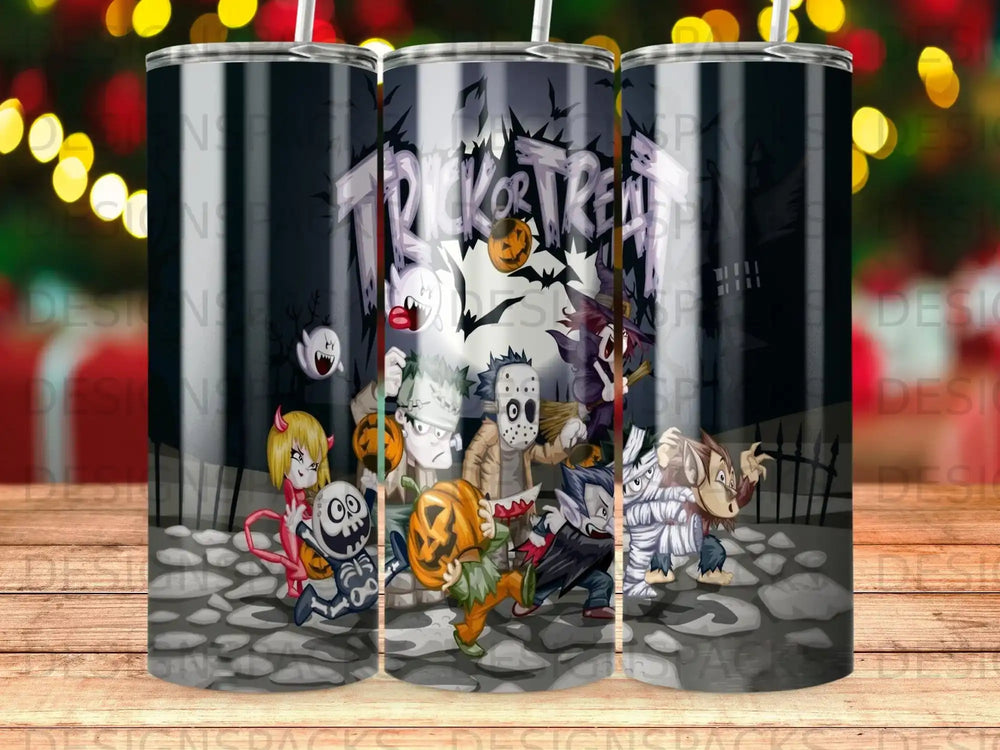 Halloween characters Trick or Treat design on a tumbler.