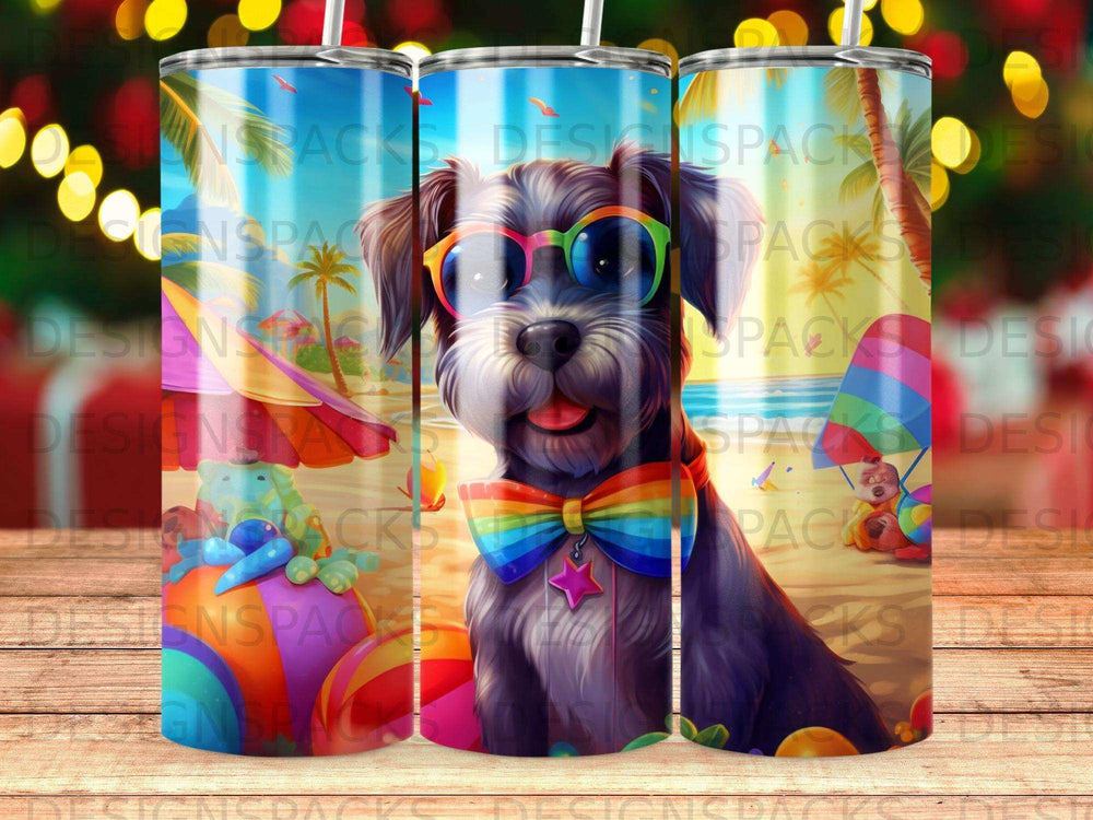 Schnauzer dog wearing sunglasses and rainbow bowtie on tumbler.