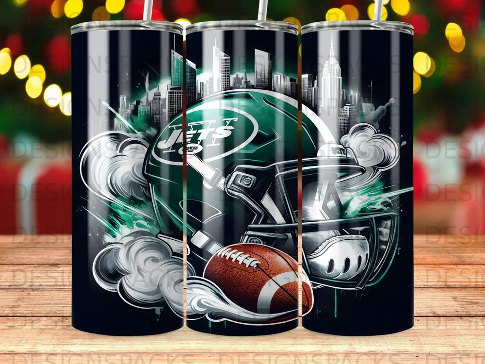 New York Jets helmet and football with city skyline and smoke accents.