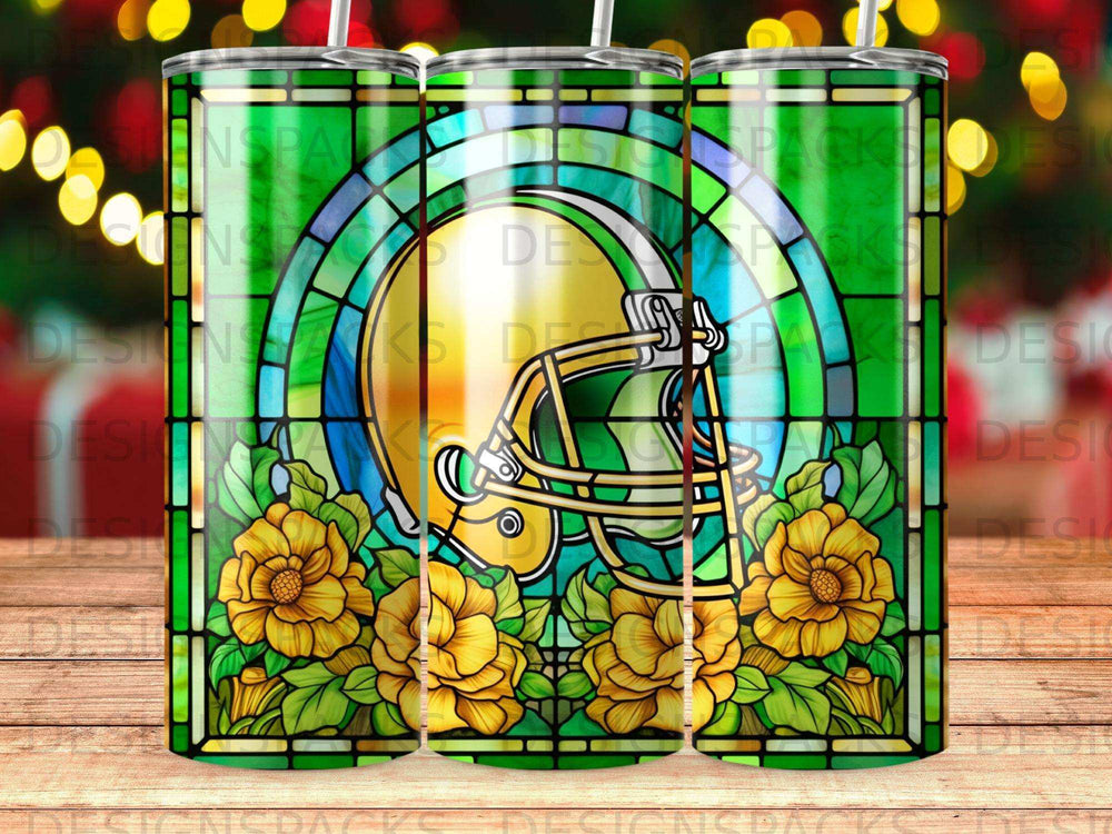 Stained glass football helmet and flowers on a tumbler.