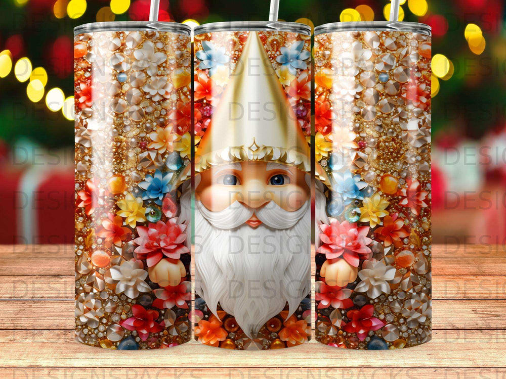 Gnome with sparkly beard and hat surrounded by colorful flowers and jewels.