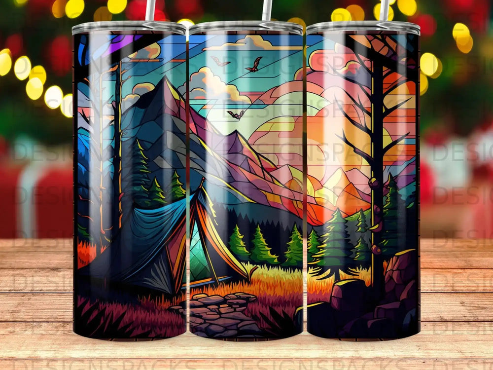 Camping tent set against a colorful stained-glass mountain landscape.