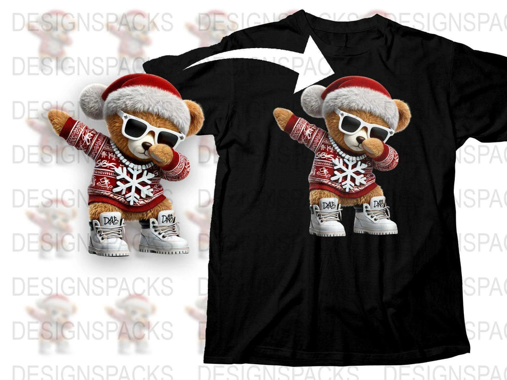 Cute Teddy Bear Christmas T-Shirt, Festive Holiday Tee with Santa Hat and Gloves, Snowflake Sweater Design for Winter