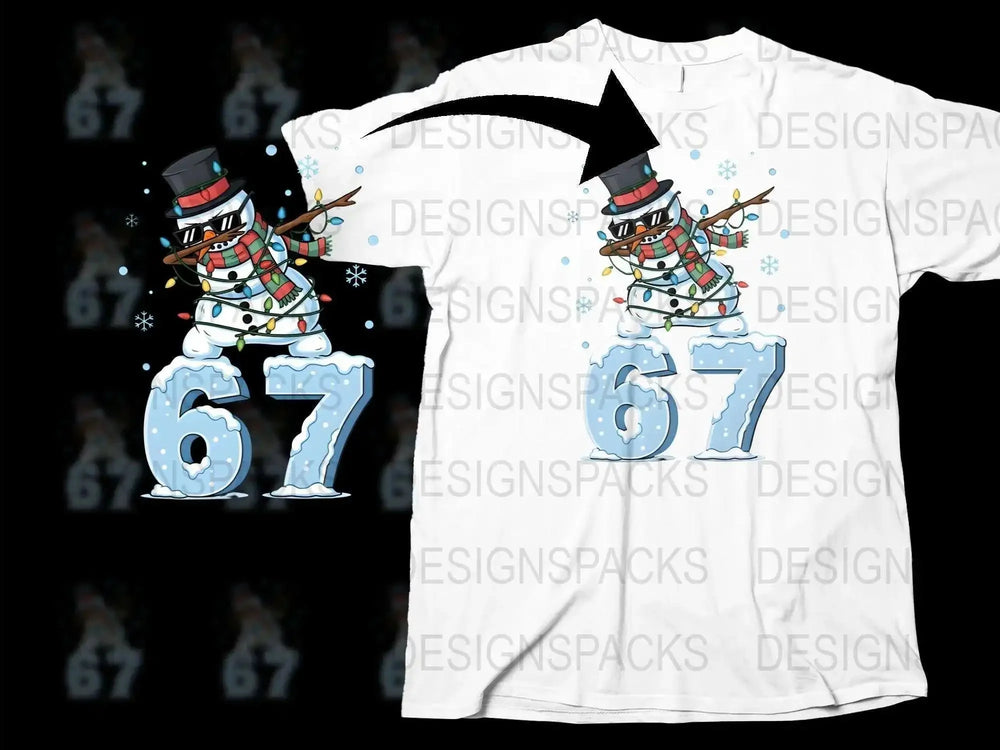 Festive Snowman T-shirt, White Christmas Tee, Holiday Graphic Shirt with Number 67, Unique Winter Apparel