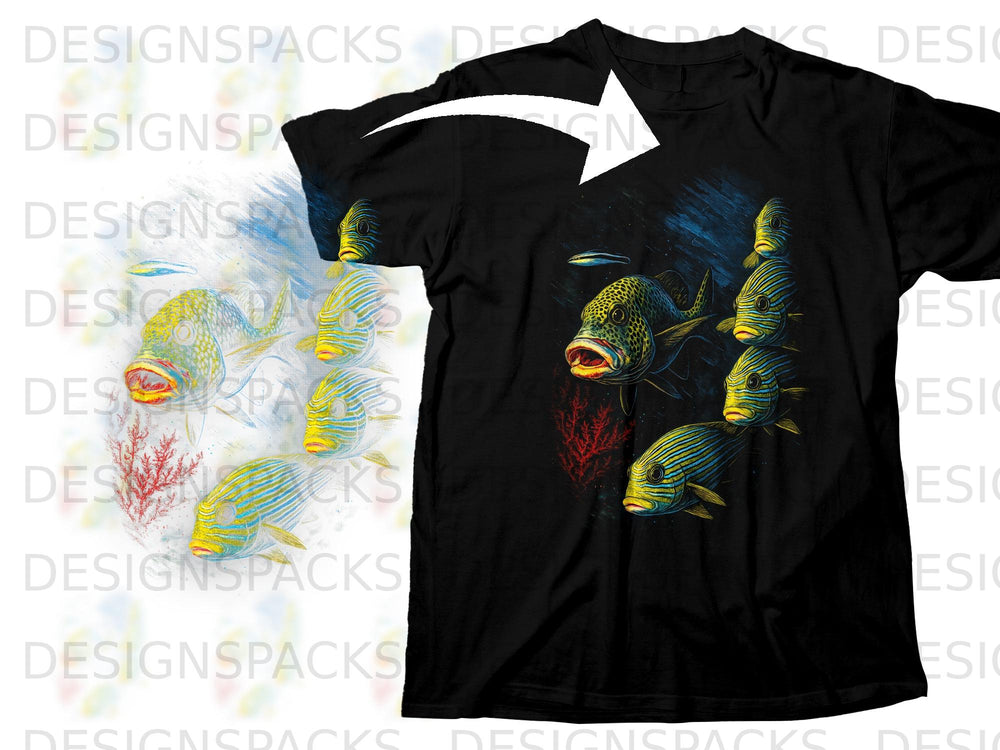Black t-shirt with a graphic of vibrant striped fish and red coral on a dark blue background.