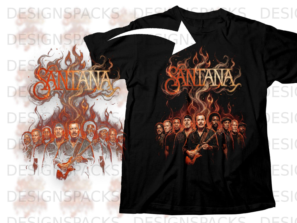 Santana band members with flaming "Santana" logo on a black t-shirt.