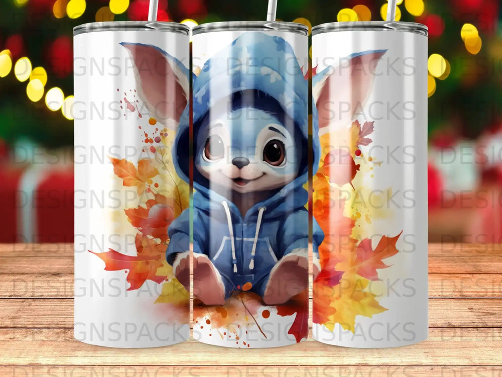 Cute cartoon character in a blue hoodie surrounded by autumn leaves.