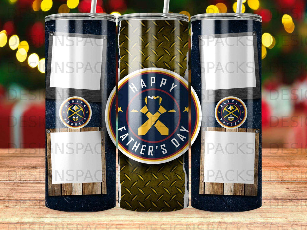 Denver Nuggets Happy Father's Day tumbler with diamond plate and wood grain design.