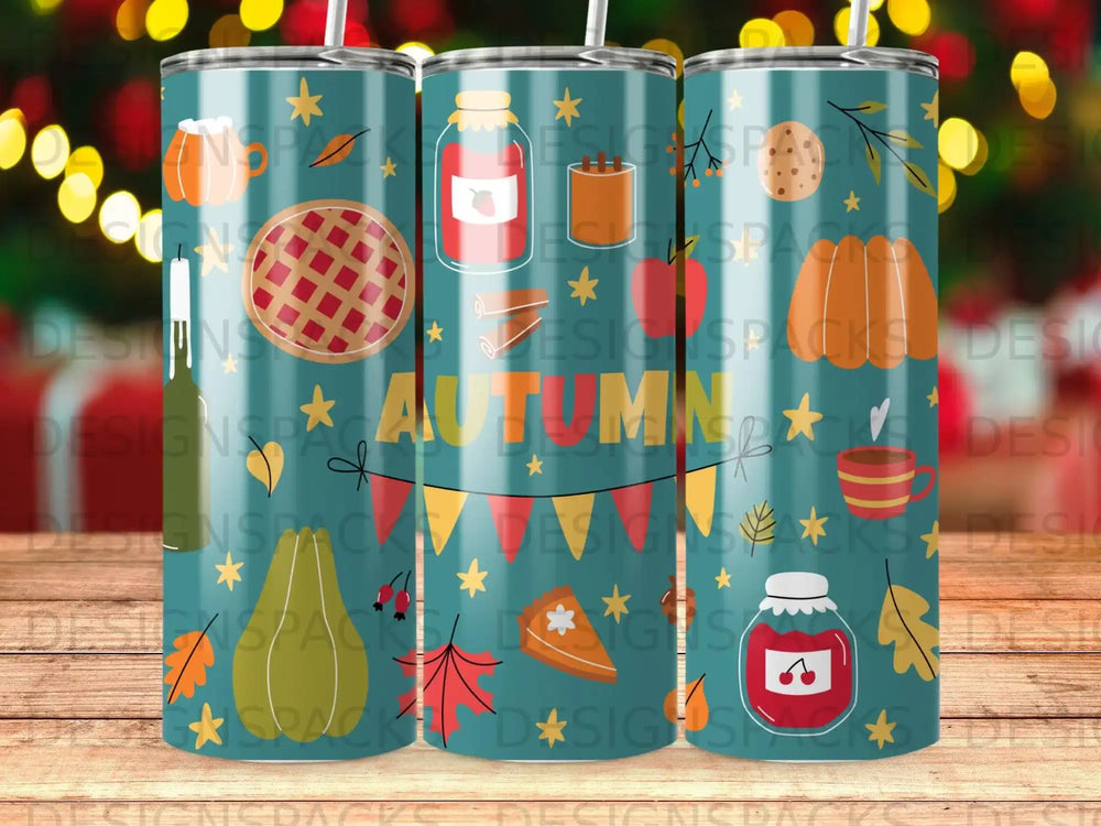 Autumn-themed tumbler with pie, jam jars, pumpkins, and leaves.