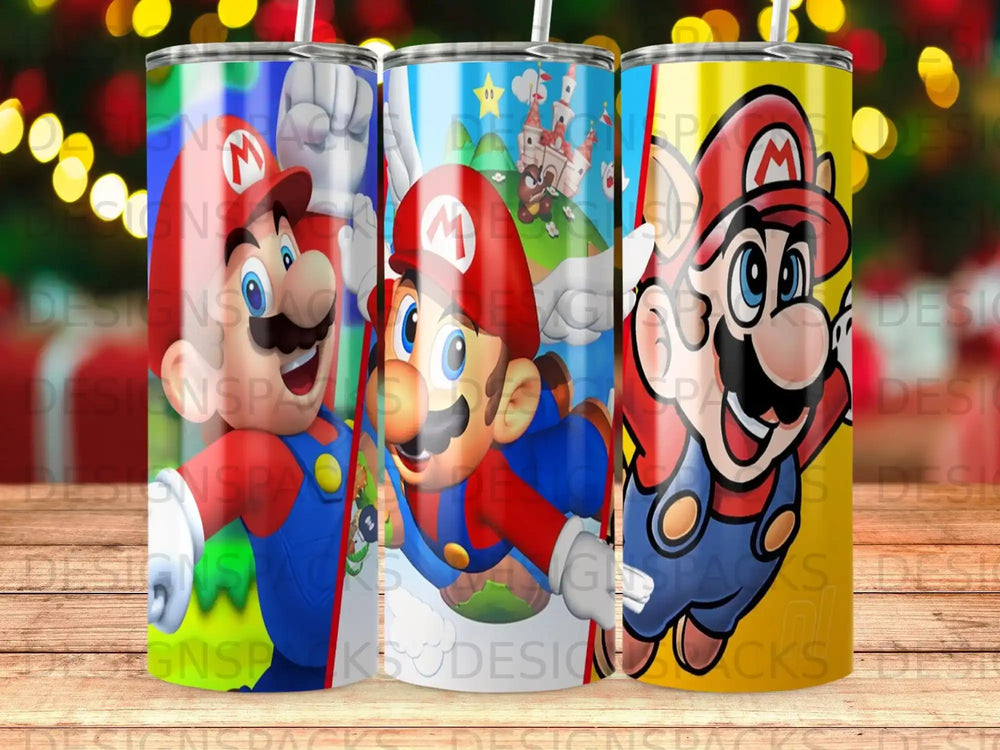 Mario character in various poses on a tumbler with a Christmas light background.