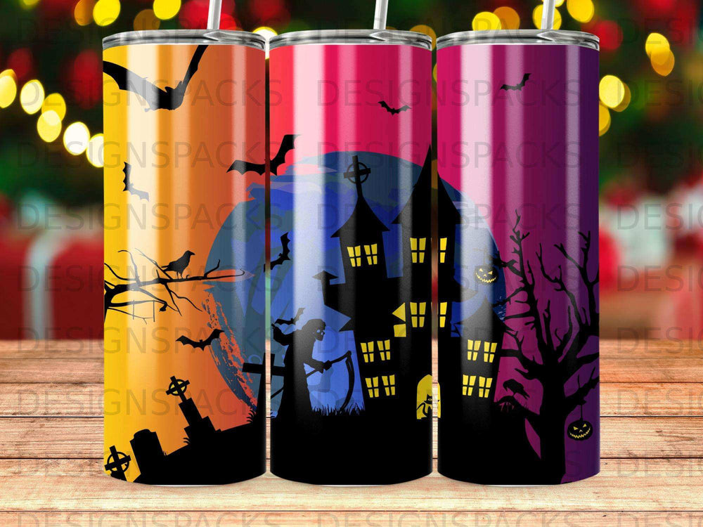 Halloween-themed tumbler with haunted house, grim reaper, bats, and spooky tree.
