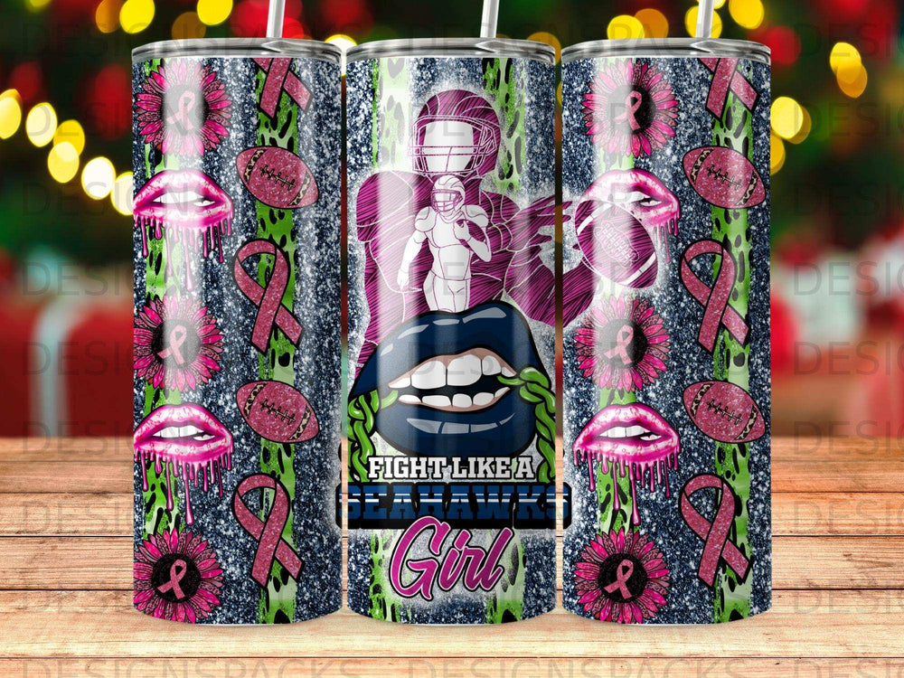 Football player on a tumbler with pink ribbon and lips design.