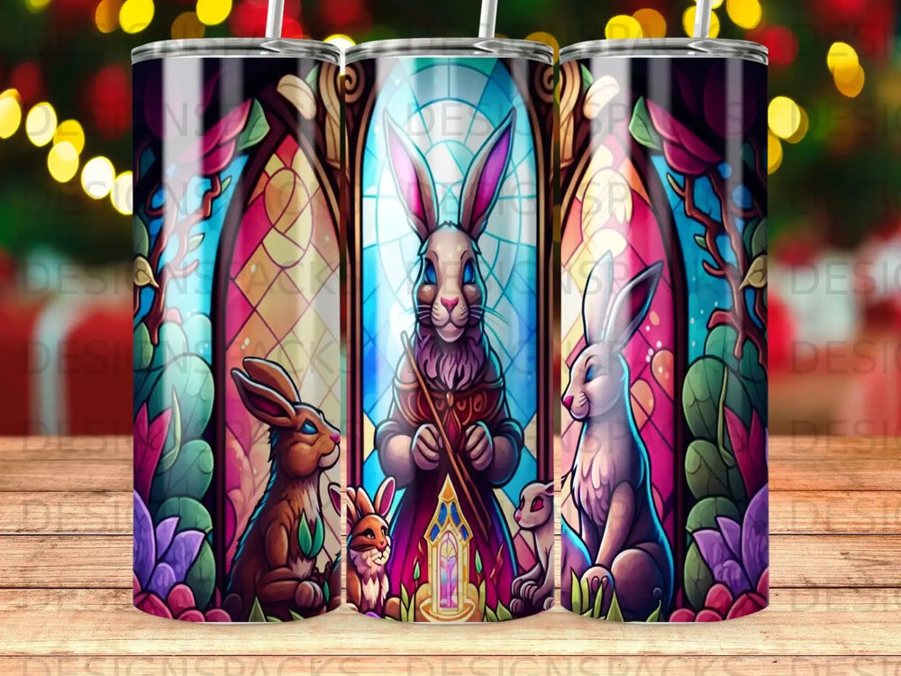 Stained glass bunnies in a floral frame with Easter egg accents.