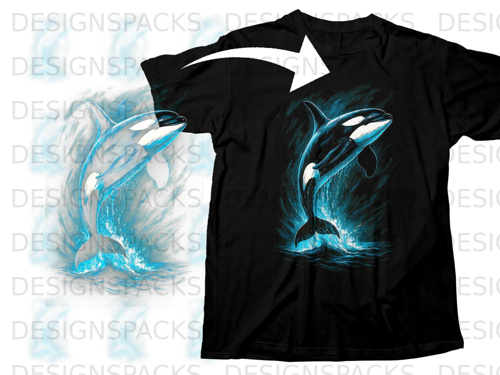 Black t-shirt with a jumping orca whale graphic surrounded by blue water splashes.