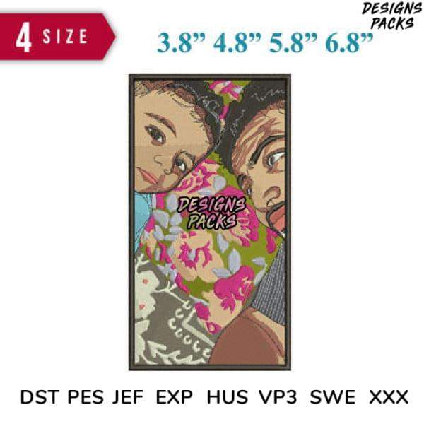 Embroidery design with two faces and floral patterns, available in 4 sizes and multiple file formats