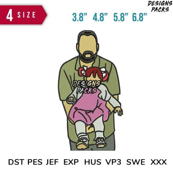 Embroidery design of dad holding child, 4 sizes, DST PES JEF formats, print-ready for DTG/DTF