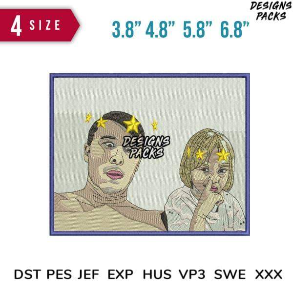Embroidery design of man and child with stars, available in PES, DST, EXP formats, 4 sizes